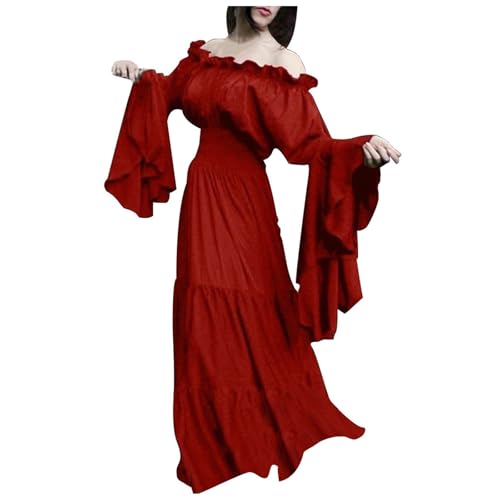 Jaoxiuozi Mittelalter Kleid Damen Retro Partykleid Kostüme Gothic Kleider Vintage Maxikleid mit Trompetenärmel für Halloween Karneval (Rot, S) von Jaoxiuozi