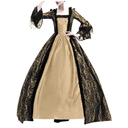 Jaoxiuozi Mittelalter Kleidung Damen Gothic Kleid Kostüm Partykleid Trachtenkleid Maxikleid für Halloween Karneval Oktoberfest Cosplay (Gold, L) von Jaoxiuozi