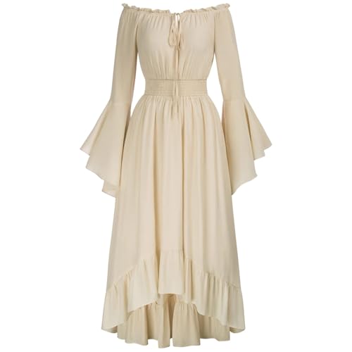 Jaoxiuozi Mittelalterliches Damen Kleid Mittelalter Vintage Maxikleid Boho Lange Kleider Karneval Halloween Party Kostüm für Erwachsene (Beige, XXL) von Jaoxiuozi