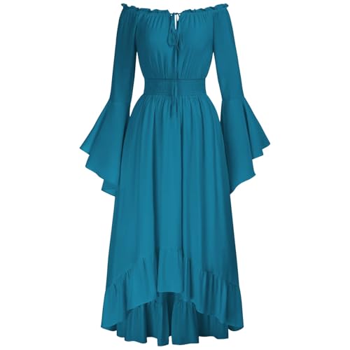 Jaoxiuozi Mittelalterliches Damen Kleid Mittelalter Vintage Maxikleid Boho Lange Kleider Karneval Halloween Party Kostüm für Erwachsene (Blau, L) von Jaoxiuozi