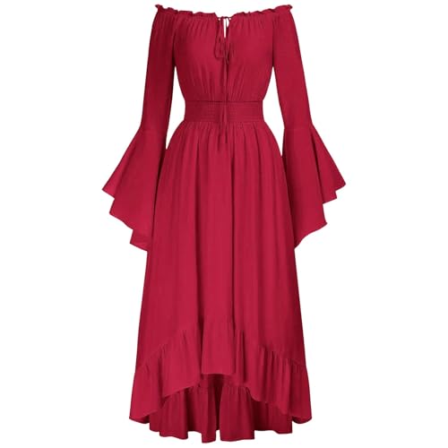 Jaoxiuozi Mittelalterliches Damen Kleid Mittelalter Vintage Maxikleid Boho Lange Kleider Karneval Halloween Party Kostüm für Erwachsene (Rot, M) von Jaoxiuozi