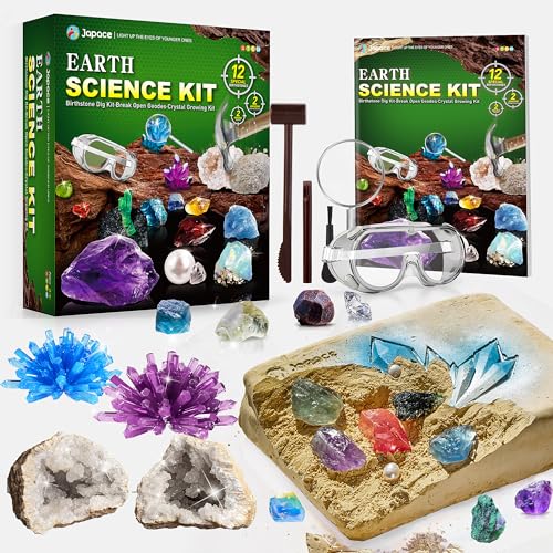 Japace Ausgrabungsset für Kinder, STEM Wissenschaft Spielzeug Edelsteine Ausgraben, Geoden Zum Aufbrechen Set, Kristalle Züchten Kit Geschenke Jungen Mädchen schürfen Hammer von Japace