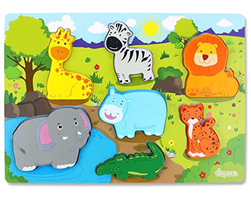 Japace Holzpuzzle ab 1 2 3 Jahre, Safari Dschungeltieren Greifpuzzle Steckpuzzle Holz ab 2 Jahre, Baby Puzzle ab 1 2 3 Jahre, Montessori Spielzeug Kindergeschenke für Jungen und Mädchen von Japace