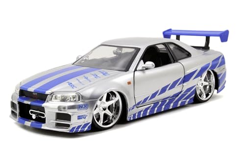 Jada Toys 97158 Fast & Furious Brian's 2002 Nissan Skyline GTR-R R34, Auto, Tuning-Modell im Maßstab 1:24, mit Spoiler, zu öffnende Türen, Motorhaube und Kofferraum, Freilauf, silber von Jada Toys