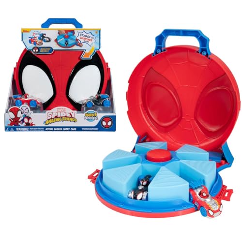 Marvel Spidey and His Amazing Friends Action Launch Tragetasche – 30,5 cm Tragetasche mit drehbarem Launcher und zwei exklusiven erstaunlichen Metallfahrzeugen von Jazwares