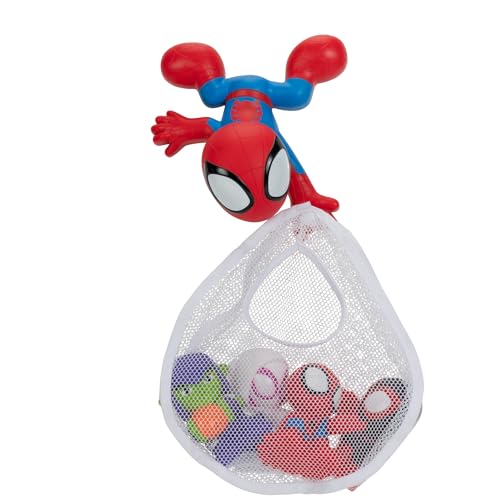 Marvel Spidey and His Amazing Friends Badespielzeug-Set – Spidey Wandhalterung mit Netznetz und vier Badewannen-Spritzern von Jazwares