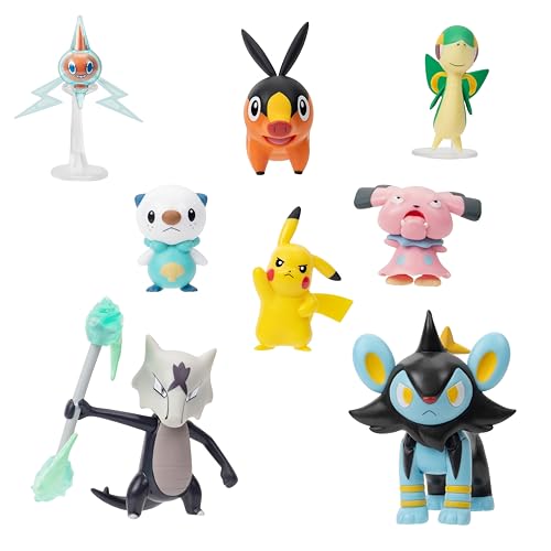 Jazwares PKW - Battle Figure Multipack (8PK: Tepig, Oshawott, Snivy mit Ständer, Rotom mit Ständer, Pikachu #5, Snubull, Alolan Marowak, Luxio) W12 von Jazwares