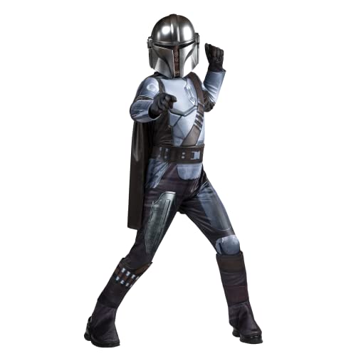 STAR WARS Jazwares The Mandalorian Deluxe Youth Costume - Powerwall Jumpsuit with Printed Design and Polyfill Stuffing plus Gloves, Cape, and 3D Headpiece, Multi, Large von Jazwares