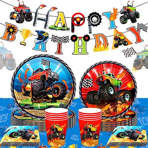 JeVenis Monster Trucks Geburtstagsdekoration Monster Trucks Partyzubehör Monster Trucks Partyteller und Servietten Monster Trucks Tischdecke Monster Trucks Geburtstagsbanner von JeVenis