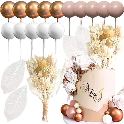 JeVenis Beige Kugeln Boho Cake Topper Kuchen Blumen Dekorationen Boho Kuchen Dekorationen Floral Cake Topper Blume Kuchen Topper für Hochzeit Baby Shower Geburtstag Party von JeVenis