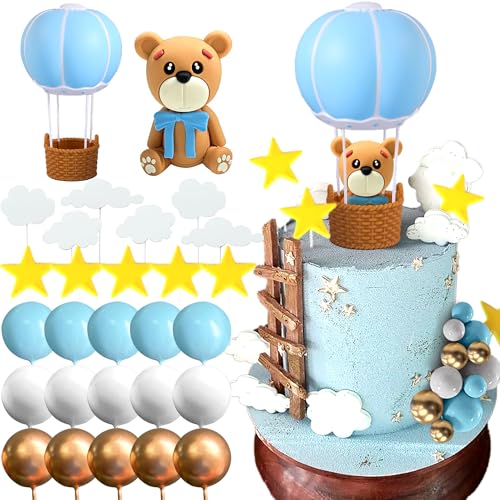 JeVenis Blau Baby Shower Cake Topper Heißluftballons Tortendeko Bär Tortendeko Baby Bär Baby Shower Geburtstag Kuchen Dekoration von JeVenis