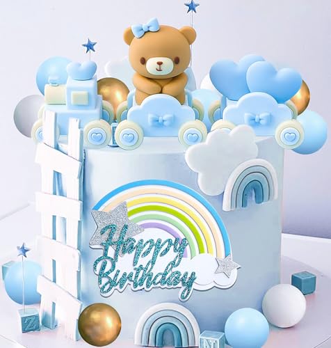 JeVenis Blau Teddybär Tortendeko Tortendeko Taufe Junge Tortendeko Mädchen 1 Jahr Blau Tortendeko Zug Teddybär Kuchen Dekoration für Hochzeit Babyshower Geburtstag Party von JeVenis