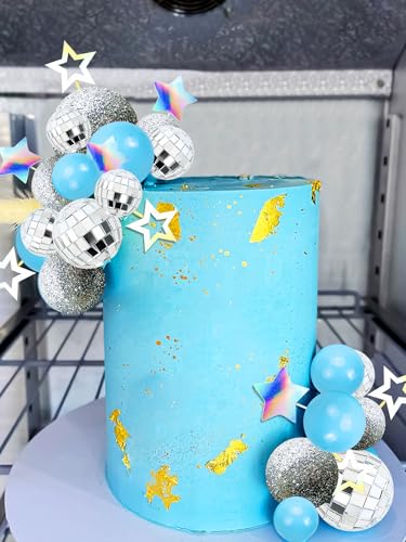 JeVenis Blaue Discokugel Tortenaufsatz Tanzende Königin Tortenaufsatz 80er Jahre Kuchendekorationen Silber Blau Kuchen Kugeln Blau Kuchen Dekorationen Discokugel Kuchen Topper von JeVenis