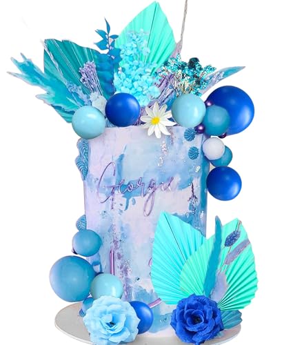 JeVenis Blaue Rose Tortendekoration Tortendeko Kugeln Blau Blätter Boho Tortendekoration Kugeln Disco Kugeln Tortenaufleger für Geburtstag Hochzeit Brautparty Babyparty von JeVenis