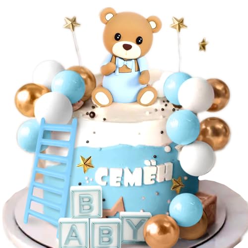 JeVenis Blauer Bär Tortendeko Blau Gold Kugeln Cake Topper Bären Tortendeko Baby Shower Geburtstag Kuchen Dekoration von JeVenis