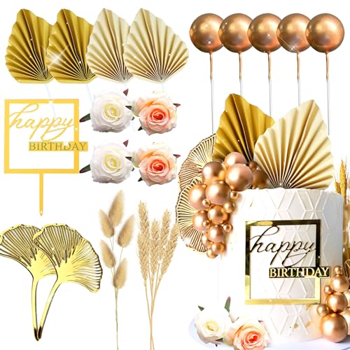 JeVenis Boho Champagner Rose Tortendekoration Kugeln Tortendekoration Gold Palmenblätter Tortendekoration Bohemian Weiß Gold Kugel Tortendekoration Boho Party Supplies von JeVenis