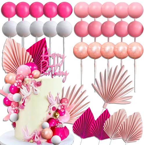 JeVenis Boho Grüne Kugeln Gold Blätter Kuchen Dekoration Pink Cake Topper Palm Leaves Balls Tortendekoration für Hochzeit Brautparty Geburtstag Hochzeitstorte Dekoration von JeVenis