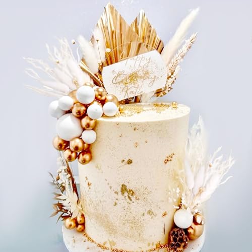 JeVenis Champagner Tortendekoration Dekoration Goldkugeln Kuchendekoration Goldene Palmblätter Tortenaufleger Böhmische Weißgoldkugel für Hochzeit Geburtstag Geburtstag Jahrestag von JeVenis