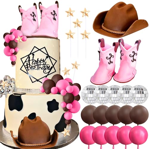 JeVenis Disco Cowgirl Kuchen Topper Western Kuchen Dekorationen Cowgirl Baby Dusche Cowboy Hut Geburtstag Kuchen Topper rosa Kugeln Kuchen Topper Kuh Kugeln Kuchen Topper von JeVenis