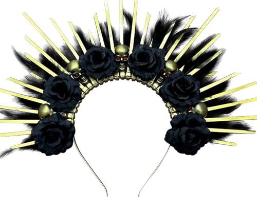 JeVenis Goldener Schädel schwarze Blume schwarze Halo Crown Barock Stirnband Schädel Göttin Tiara Krone Tag der Toten Stirnband für Frauen Hochzeit Kopfbedeckung Halloween Kostüm von JeVenis