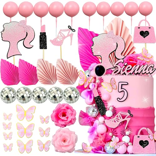 JeVenis Hot Pink Schmetterling Tortendekoration Rosa Mädchen Geburtstag Dekoration Rosa Kugeln Palmenblätter Fersen Lippenstift Taschen Cake Topper von JeVenis