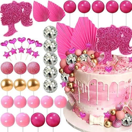 JeVenis Rosa Mädchen Geburtstag Dekoration Rosa Kugeln Palm Leaves Heels Lippenstift Taschen Kuchen Topper Hot Pink Disco Kuchen Dekoration von JeVenis