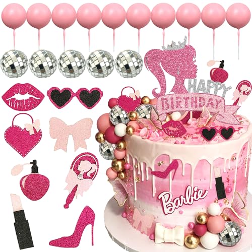 JeVenis Rosa Mädchen Geburtstag Dekoration Hot Pink Mädchen Geburtstag Kuchen Dekoration rosa Kugeln Palm Leaves Heels Lippenstift Taschen Kuchen Topper für Geburtstag Braut Dusche von JeVenis