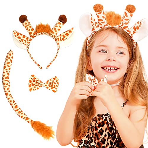 JeVenis Kinder Giraffe Kostüm Set Tier Haarreif mit Ohren Schwanz Fliege Tierohren Stirnband Cosplay Party Zubehör Kinder Karneval Maskerade Kindergeburtstag von JeVenis