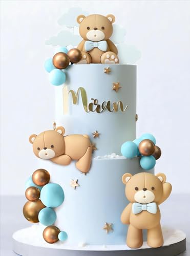 JeVenis Luxus Blau Bär Tortendeko Blau Gold Kugeln Kuchen Topper Bären Kuchen Kuchen Dekoration Baby Shower Geburtstag Kuchen Dekoration von JeVenis