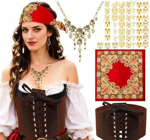 JeVenis Piratenkostüm-Zubehör-Set, Piraten-Stirnband, Wickel-Totenkopf-Halskette, Taillengürtel, Halloween, Kapitän-Kostüm, Karneval, Musikfestival-Outfit JeVenis Piratenkostüm-Zubehör-Set, Piraten-Stirnband, Wickel-Totenkopf-Halskette, Taillengürtel, Halloween, Kapitän-Kostüm, Karneval, Musikfestival-Outfit von JeVenis