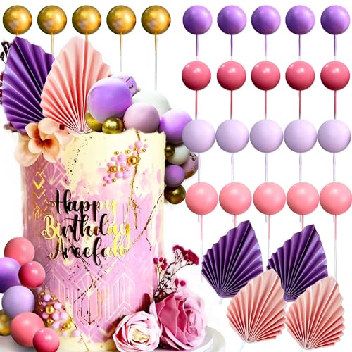 JeVenis Purple Pink Balls Cake Decoration Balls Cake Decoration Pink Palm Leaves Cake Decoration Bohemian Cake Decoration von JeVenis