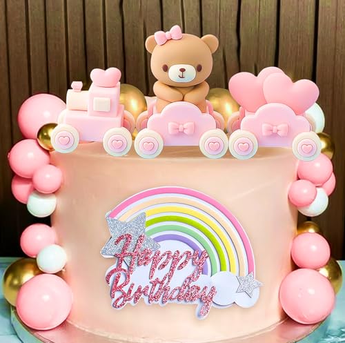 JeVenis Rosa Teddybär Tortendeko Tortendeko Taufe Junge Tortendeko Mädchen 1 Jahr Rosa Tortendeko Zug Teddybär Kuchen Dekoration für Hochzeit Babyshower Geburtstag Party von JeVenis