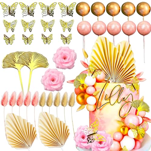 JeVenis Rosa Tortendekoration Rosa Rose Tortentopper Schmetterling Gold Palmenblätter Rosa Kugeln Tortendekoration für Hochzeit Brautparty Geburtstag von JeVenis