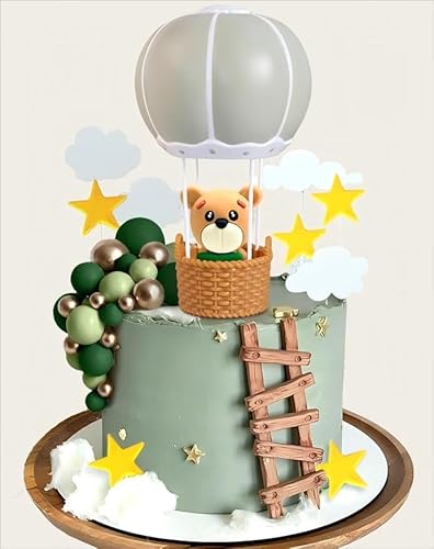 JeVenis Salbeigrün Baby Shower Cake Topper Heißluftballon Kuchen Dekorationen Bär Kuchen Dekoration Bär Baby Shower Geburtstag Kuchen Topper von JeVenis