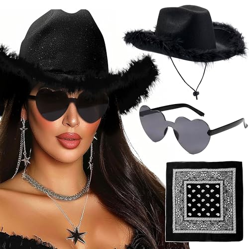 JeVenis Schwarz Cowboy Hut Damen Partybrille Accessoires Cowgirl Hut Cowboy Hut für Erwachsene Rodeo Reiter Wilder Westen Kostü Karneval Mottoparty von JeVenis