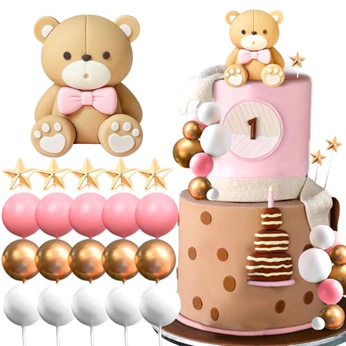 JeVenis Teddybär Tortendeko Tortendeko Taufe Junge Rosa Tortendeko Teddybär Kuchen Dekoration Tortendeko Mädchen 1 Jahr für Hochzeit Babyshower Geburtstag Party von JeVenis