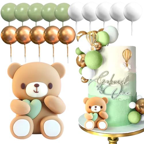 JeVenis Teddybär Tortendeko Tortendeko Mädchen 1 Jahr Tortendeko Teddybär Kuchen Dekoration Taufe Junge Grüner Tortendeko für Hochzeit Babyshower Geburtstag Party von JeVenis