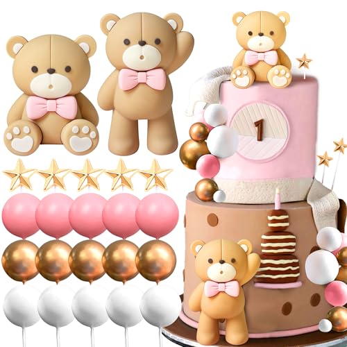 JeVenis Teddybär Tortendeko Tortendeko Taufe Junge Tortendeko Mädchen 1 Jahr Rosa Tortendeko Teddybär Kuchen Dekoration für Hochzeit Babyshower Geburtstag Party von JeVenis