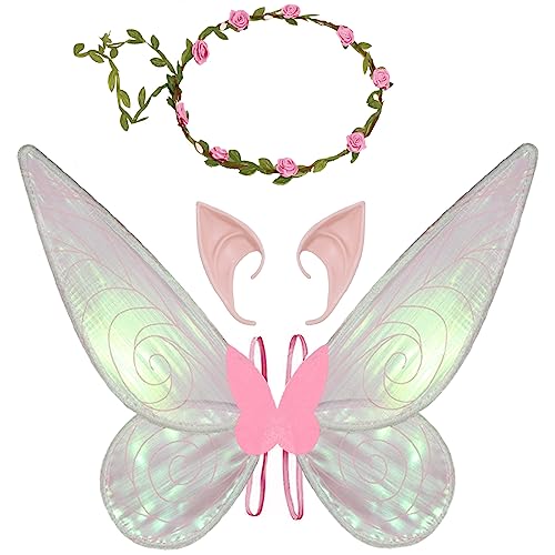 Feenflügel Kostüm, Damen Mädchen Schmetterlingsflügel Elfenflügel mit Elfenohren Blumenkranz Halloween Kostüm Zubehör Karneval Fee Party Schmetterling Kostüm Feenkostüm für Kinder Erwachsene (Rosa) von Jeackcelle