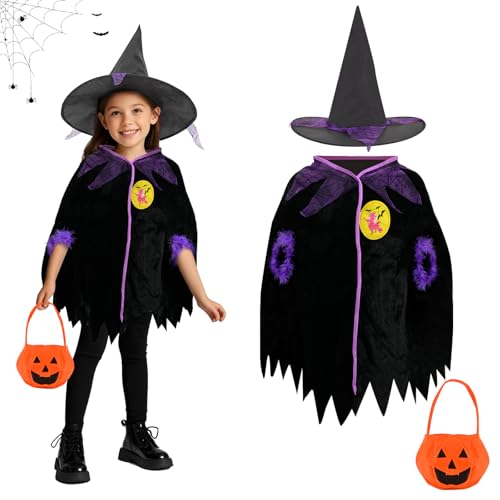 Jeackcelle Halloween Umhang Kinder, hexenkostüm Halloween kostüm kinder mädchen mit Kürbis Tragetasche, Hexenkostüm Mädchen mit Hexenhut für Halloween Fasching Karneval Party (110cm(3-4 Jahre)) von Jeackcelle