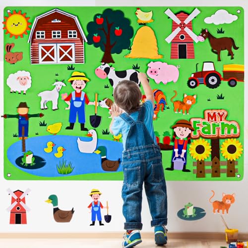 Jeackcelle Montessori Spielzeug Bauernhof Tiere Filz Geschichte Board Set 40Pcs Vorschule Bauernhaus Themed Storytelling frühes Lernen interaktive Spiel Kit Wand hängende Geschenk für Kleinkinder von Jeackcelle