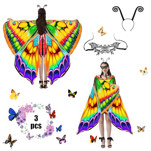 Jeackcelle Schmetterling Kostüm Damen,Schmetterling Kostüm Erwachsene,Schmetterling Kostüm,Karneval Kostüm Damen 3 Set Mit Damen Spitze Maske für Halloween Karneval Party Cosplay Weihnachten (Gelb) von Jeackcelle