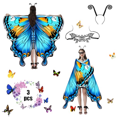 Jeackcelle Schmetterling Kostüm Damen,Schmetterling Kostüm Erwachsene,Schmetterling Kostüm,Karneval Kostüm Damen 3 Set Mit Damen Spitze Maske für Halloween Karneval Party Cosplay Weihnachten (Blau) von Jeackcelle