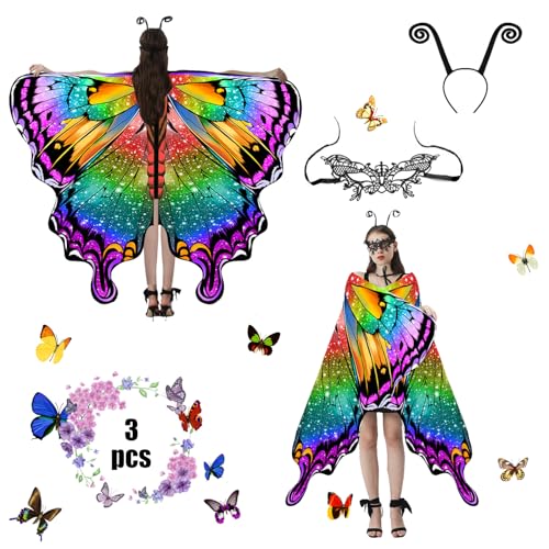 Jeackcelle Schmetterling Kostüm Damen,Schmetterling Kostüm Erwachsene,Schmetterling Kostüm,Karneval Kostüm Damen 3 Set Mit Damen Spitze Maske für Halloween Karneval Party Cosplay Weihnachten (Farbig) von Jeackcelle