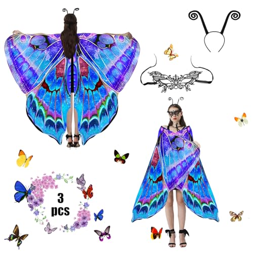 Schmetterling Kostüm Damen,Schmetterling Kostüm Erwachsene,Schmetterling Kostüm,Karneval Kostüm Damen 3 Set Mit Damen Spitze Maske für Halloween Karneval Party Cosplay Weihnachten (Sternenhimmel Blau) von Jeackcelle