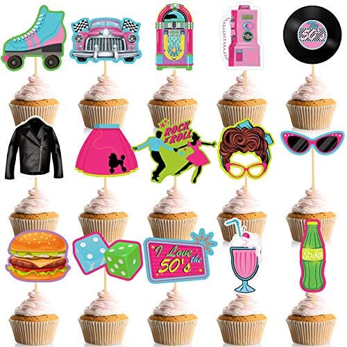 Jecery 45 Stück 1950er Cupcake Topper Rock and Roll Musik Party Dekorationen 50er Jahre Soda Shop Kuchendekoration für Retro 50er 60er Jahre Thema von Jecery