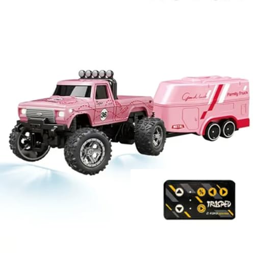 Jeeeun Mini Rc Truck with Trailer, Mini Rc Monster Truck, Mini Rc Car, Monster Truck Toys, 1:64 Scale Alloy, Monster Truck Remote Control Car with Lights (Pink,Hanging Box) von Jeeeun