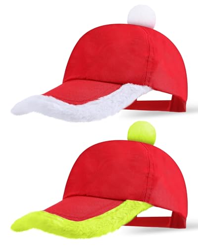 Jeere 2 Stück Weihnachtsmann-Baseballkappe, Weihnachtsmann-Kostüm, rot und grün, Baseballmütze für Herren und Damen, verstellbar, Unisex, Baseballkappe mit Bommel für Erwachsene von Jeere