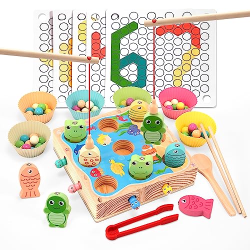 Holz Clip Beads Brettspiel, Magnetisches Angelspiel, Montessori Educational Holzspielzeug Holz Clip Beads Regenbogenspielzeug, Vorschule Lernspielzeug Geschenk für 2 3 4 Jahr Kinder Mädchen Jungs von Jeesblsy