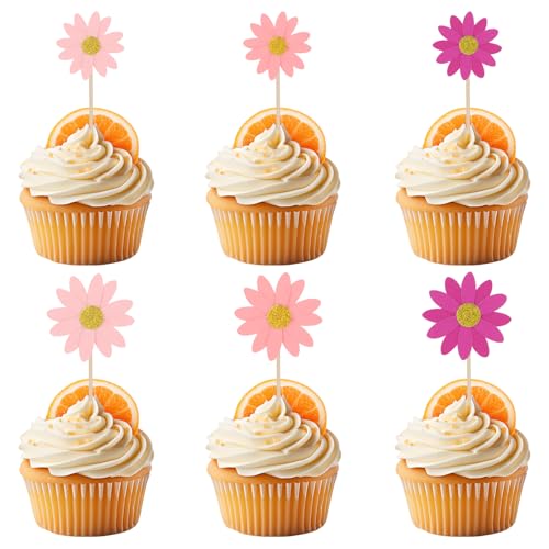 Jeffdad 24 Stück Glitter Cupcake Topper, Muffin Topper Cupcake Deko Blumen Tortendeko Mehrfarbig Gänseblümchen Kuchendeko Muffin Deko für Hochzeitstorte Deko Topper Ice-Cream Party Dekoration von Jeffdad